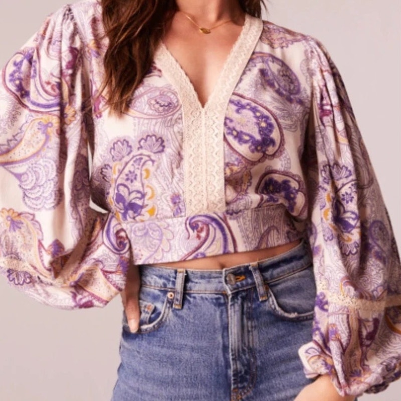 Band Of The Free Mirabelle Cream Purple Paisley Boho Lace Trim Crop Top Size Xs